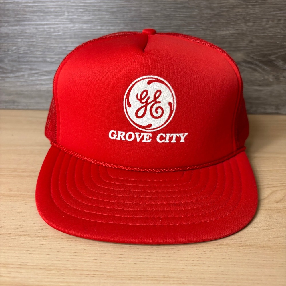 Vintage GE General Electric Hat Cap Snap‎ Back Red Trucker Grove City Adjustable